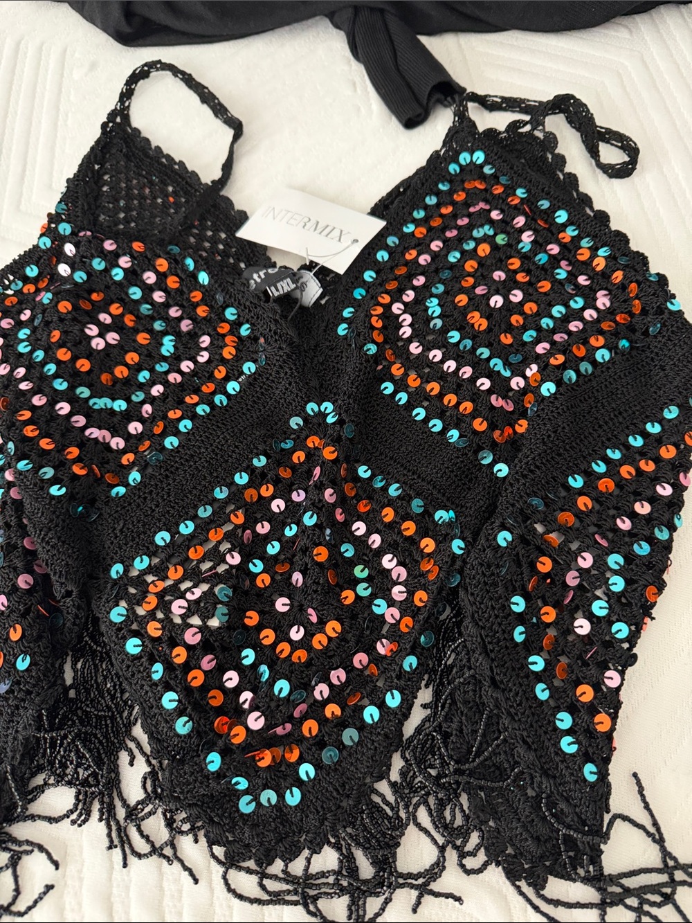 INTERMIX Black Crochet Sequin Fringe Top with Multicolor Accents